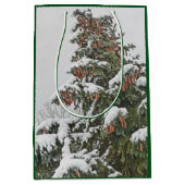 BLAUER SPRUCK MIT SCHNEE- UND PINENKONEN MITTLERE GESCHENKTÜTE (Vorderseite)