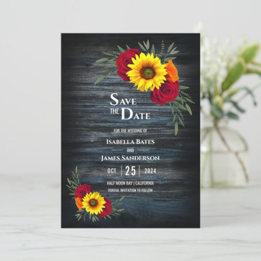 Blauer Stall Holz Sonnenblumen Burgundy Rose Hochz Save The Date (Stehend Vorderseite)