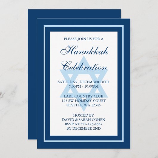 Blauer Star der David Hanukkah Feier Einladung (Vorne/Hinten)
