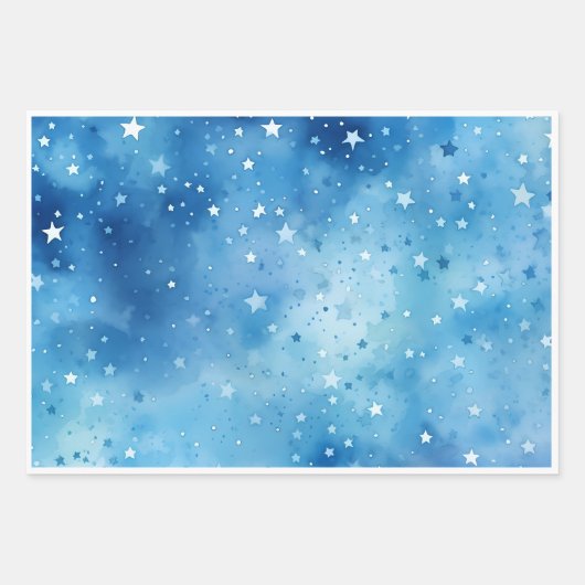Blauer Stars Wrapping Paper Flat Sheet Set 3 Geschenkpapier Set (Vorderseite)