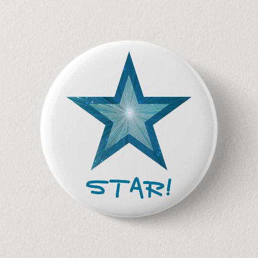 Blauer Stern 'STAR!' Knopf weiß Button (Vorderseite)