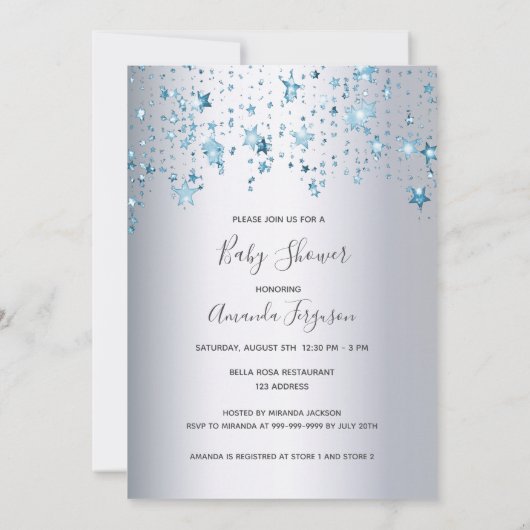 Blauer Sternenhimmel Silberstornendusche Einladung (Rückseite)