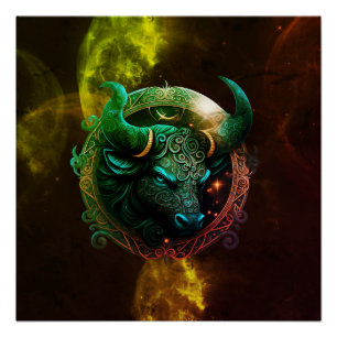 Blauer Stier Tierkreiszeichen auf kosmischen Farbe Poster
