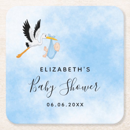 Blauer Storch mit Babydusche niedlich Rechteckiger Pappuntersetzer (Vorderseite)