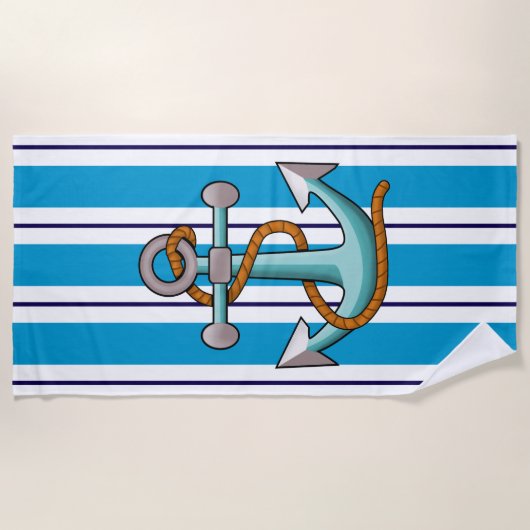 Blauer Streifen Anchor Nautical Strandtuch (Vorderseite)