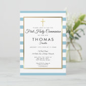 Blauer Streifen Gold Cross Erste Heilige Kommune Einladung (Stehend Vorderseite)