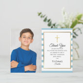 Blauer Streifen Gold Cross Erste Heilige Kommune F Dankeskarte (Stehend Vorderseite)