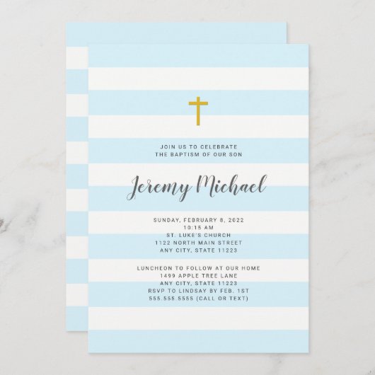 Blauer Streifen-Jungen-Taufe oder erste Kommunion Einladung (Vorne/Hinten)