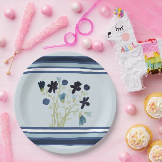 Blauer Streifen und Blumen Pappteller (Party)