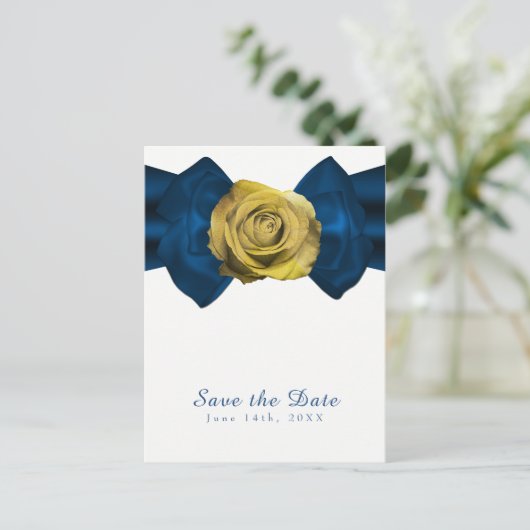 Blauer Streifen und Gelb Rose Save the Date JEDE F Ankündigungspostkarte (Stehend Vorderseite)