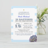 Blauer Streifen und Sukkulent Boys Taufe Einladung (Stehend Vorderseite)