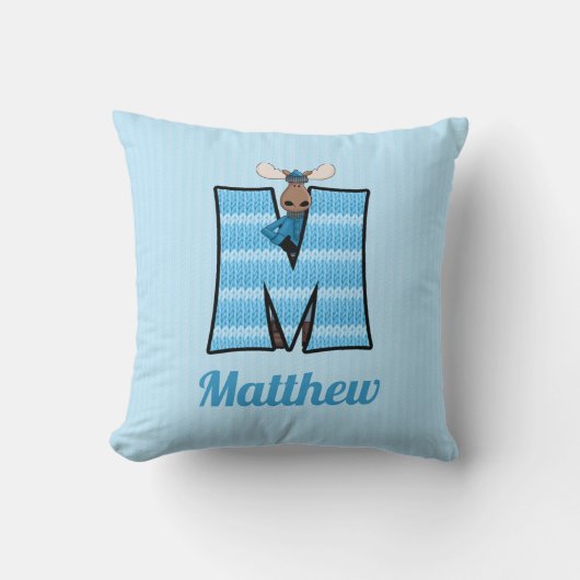 Blauer Strick des Kid's Print Moose Monogram Lette Kissen (Vorderseite)