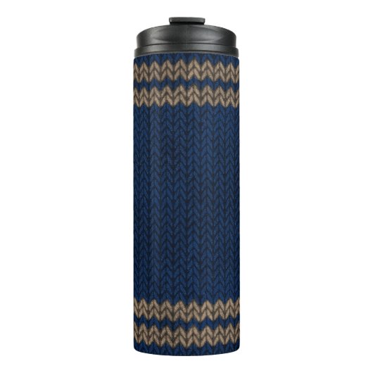 Blauer Strick-Look Stripmuster Thermosbecher (Vorderseite)