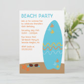 Blauer Surfbrett-Sommer-Themed Party Einladung (Stehend Vorderseite)
