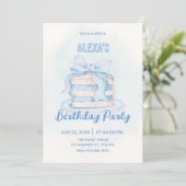 Blauer süßer Kuchen Geburtstag Einladung (Stehend Vorderseite)