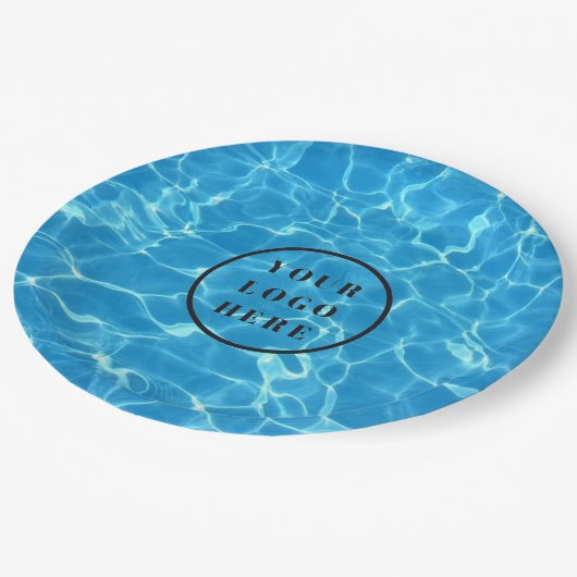 Blauer Swimmingpool Wasser hinzufügen Logo Pappteller (Schrägansicht)