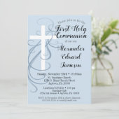Blauer Swirl Kreuz Erste Heilige Kommunion Einladu Einladung (Stehend Vorderseite)