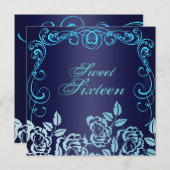 Blauer Swirl Rose Sweet 16 Birthday Einladung (Vorne/Hinten)