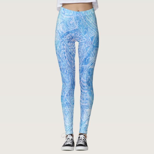 Blauer Tahitian Tapa-Druck Leggings (Vorderseite)