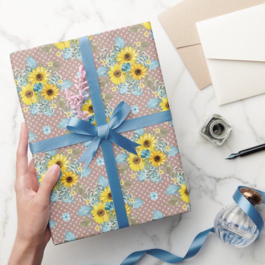Blauer, Tan und Gelbe Sonnenblumen Geschenkpapier (Schenken)