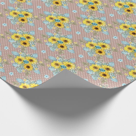 Blauer, Tan und Gelbe Sonnenblumen Geschenkpapier (Ecke)