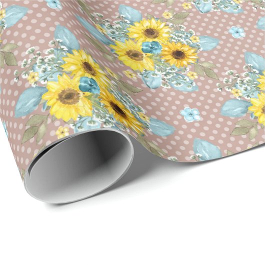 Blauer, Tan und Gelbe Sonnenblumen Geschenkpapier (Rolleneckpunkt)