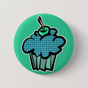 blauer Tartan-Karo-Cupcake Button