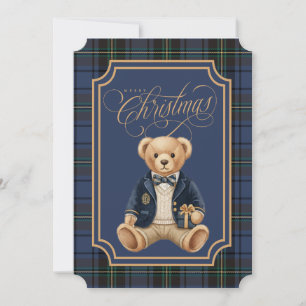Blauer Tartan-Karo Weihnachts-Teddybär Feiertagskarte