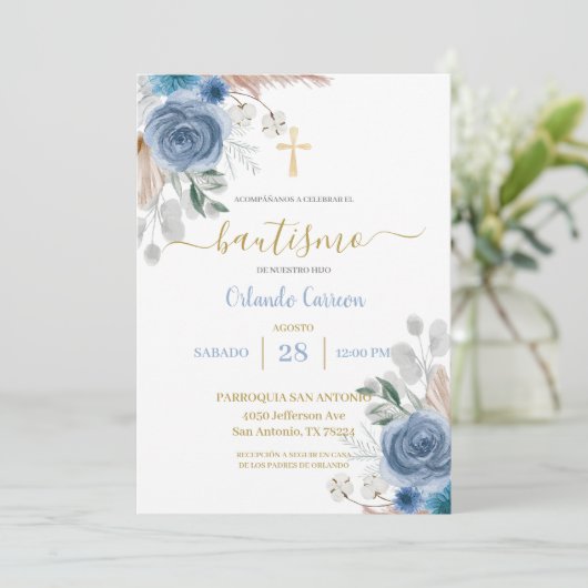 Blauer Taufe Spanische Einladung (Stehend Vorderseite)