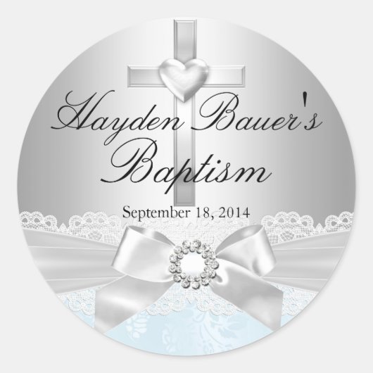 Blauer Taufsticker für Cross & Lace Bow Runder Aufkleber (Vorderseite)