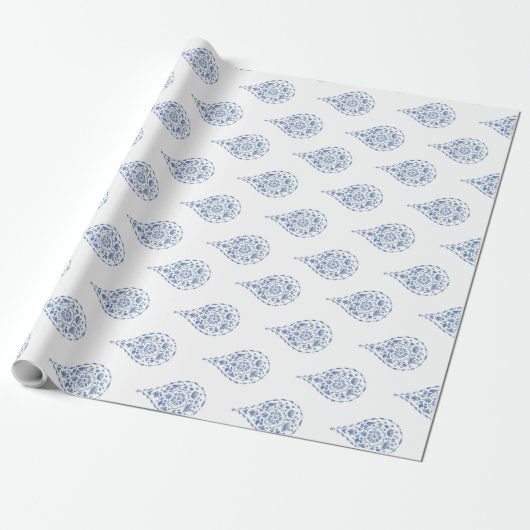 Blauer Teardrop Paisley Geschenkpapier (Ungerollt)