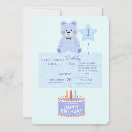 Blauer Teddybär 1. Geburtstagseinladung - Anpassba Einladung