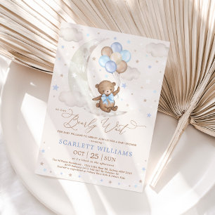 Blauer Teddybär auf dem Mond mit Ballons Baby Show Einladung