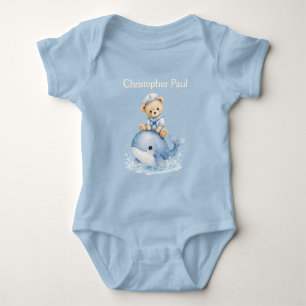Blauer Teddybär auf Wal-Jungen-Baby-Party Baby Strampler