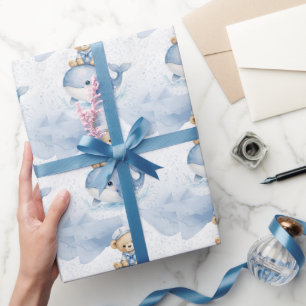 Blauer Teddybär auf Wal-Jungen-Baby-Party Geschenkpapier