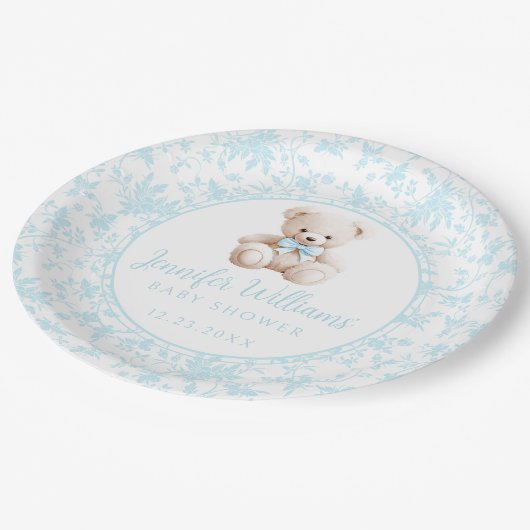 Blauer Teddybär Baby Boy Duschpapier Pappteller (Schrägansicht)