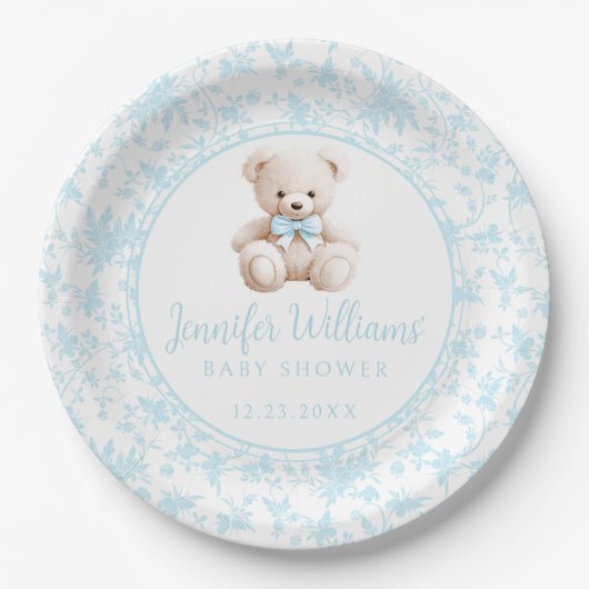 Blauer Teddybär Baby Boy Duschpapier Pappteller (Vorderseite)