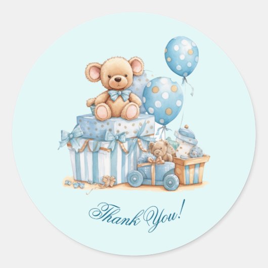 Blauer Teddybär Baby Shower Dankeschön Aufkleber (Vorderseite)