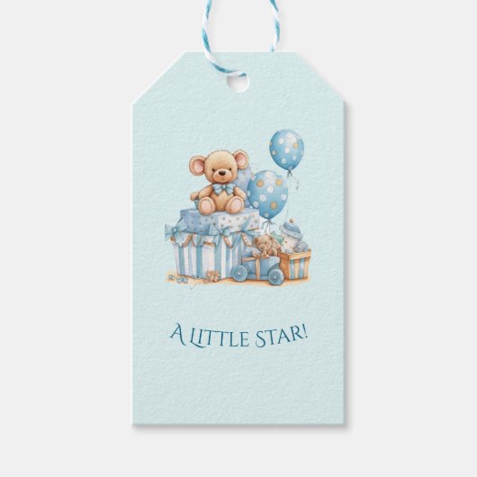 Blauer Teddybär Baby Shower Geschenkanhänger (Vorderseite)