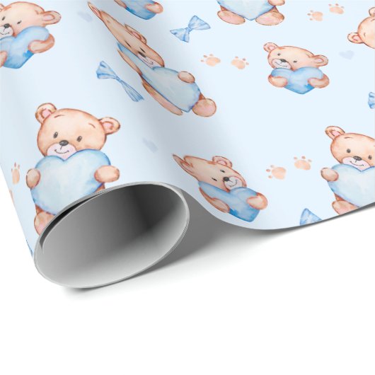 Blauer Teddybär Baby Shower Geschenkverpackungspap Geschenkpapier (Rolleneckpunkt)