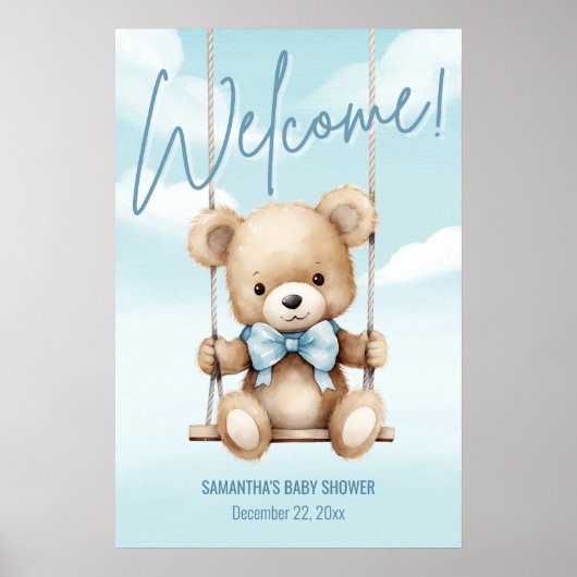 Blauer Teddybär Baby Shower Poster (Vorne)