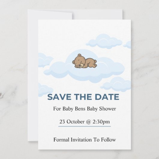 Blauer Teddybär Baby Shower Save the Date Karte (Vorderseite)
