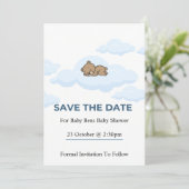 Blauer Teddybär Baby Shower Save the Date Karte (Stehend Vorderseite)