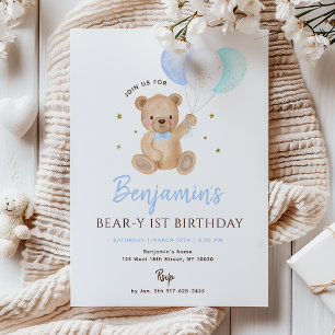Blauer Teddybär-Ballon zum ersten Geburtstag Einladung