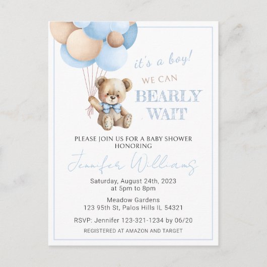Blauer Teddybär Ballons Baby Boy Dusche Postkarte (Vorderseite)