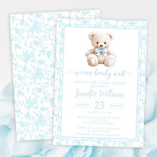 Blauer Teddybär Blumenmuster Babydusche Einladung