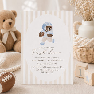 Blauer Teddybär First Down Football Erster Geburts Einladung