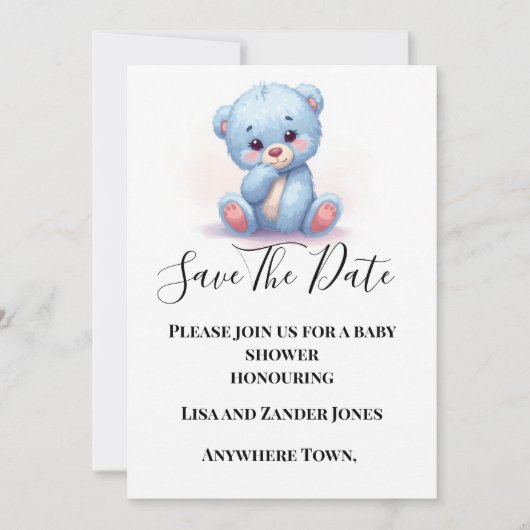 Blauer Teddybär für Babyjungen - Save-the-Date-Ein Einladung (Vorderseite)