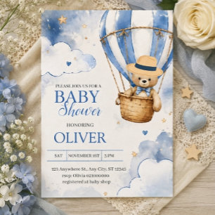 Blauer Teddybär Heißluftballon Junge Baby Shower Einladung