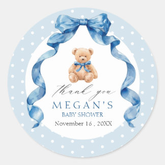 Blauer Teddybär Junge Baby Shower Runder Aufkleber